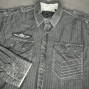 Affliction Black Premium Shirt Mens 2XL Gray Skull Wings Button Up Long Sleeve